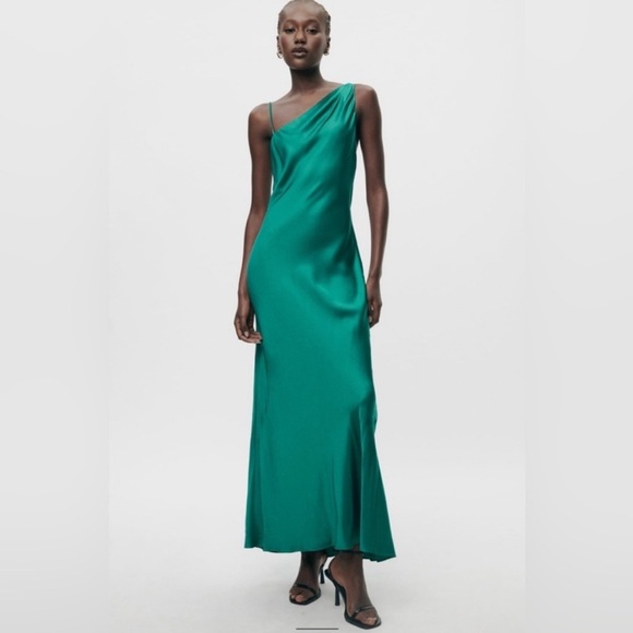 NWT ZARA Green Satin Effect One Shoulder Midi Maxi Dress Strappy Size XL